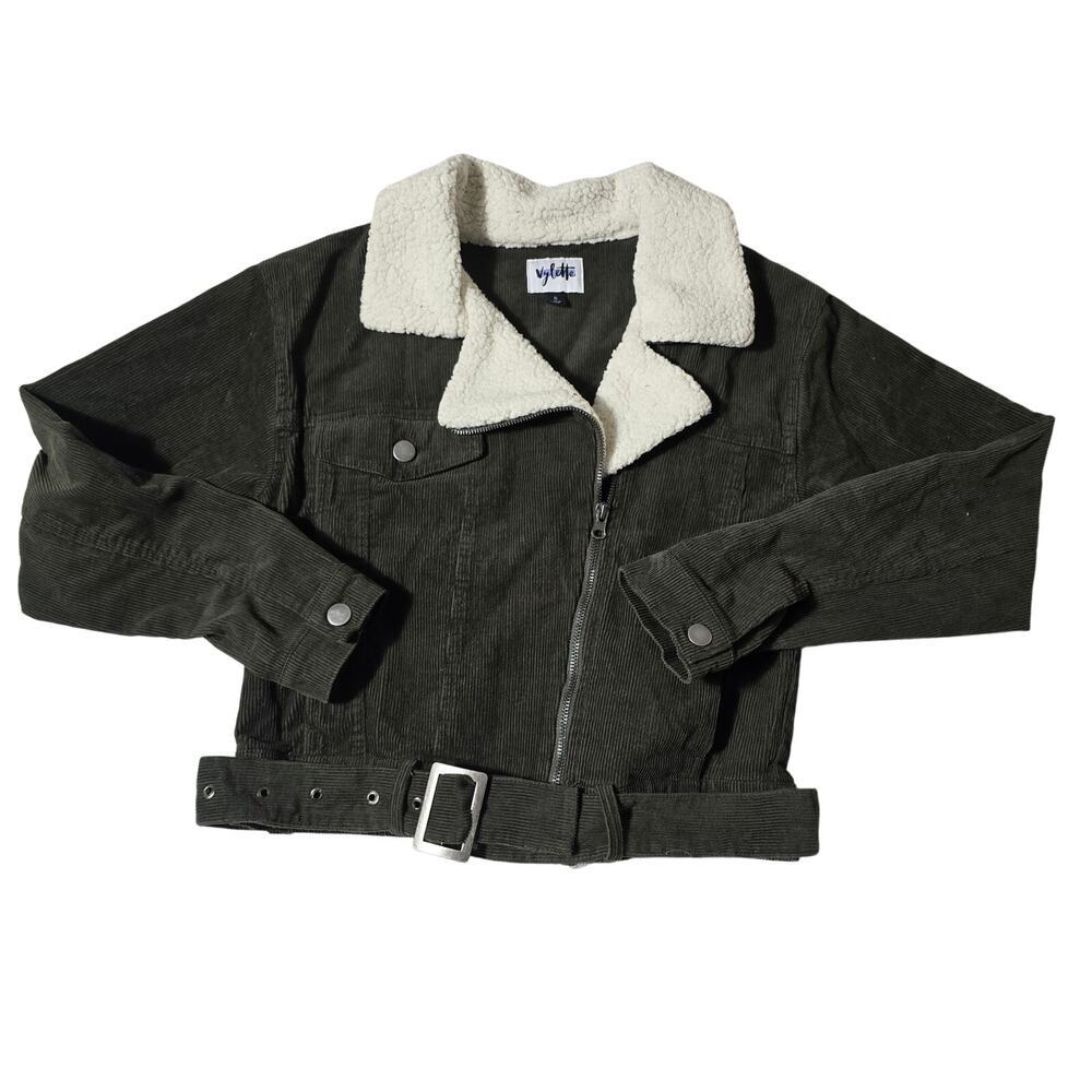 Vylette Green Corduroy Crop Jacket Sherpa Collar Womens Size Small